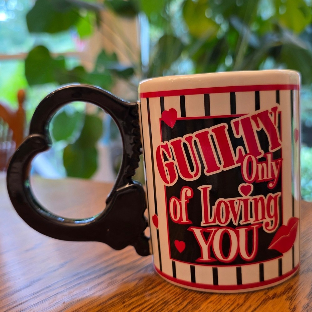 Handcuff Heart Handle Coffee Mug Striped Valentine Gift Red Black Cheeky Kitsch